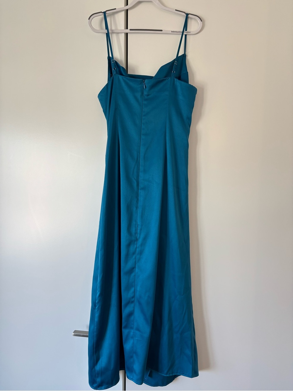 Satin Teal Midi Slip Dress with Draped Side Detail - Picture 2 of 6